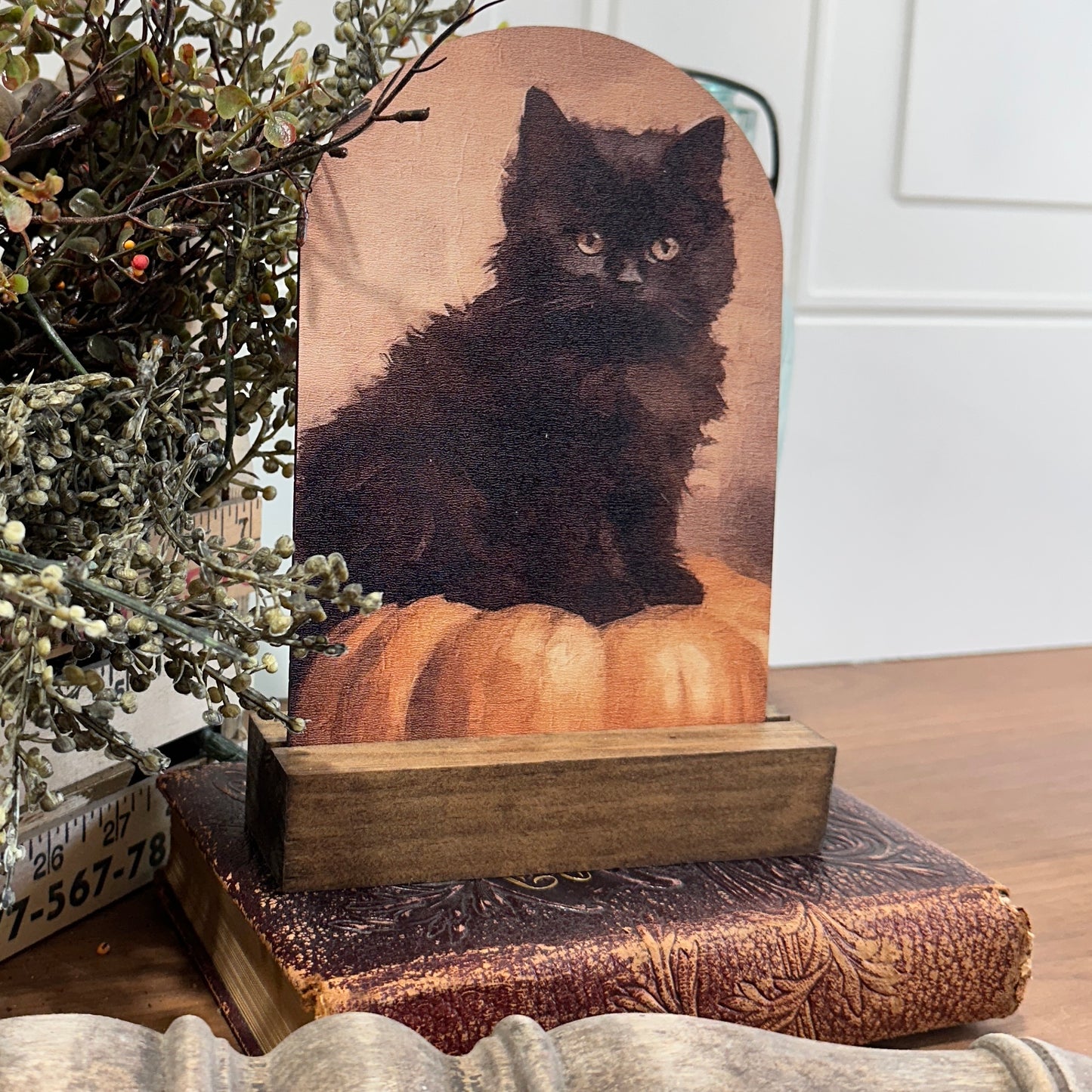 Black Kitten on Pumpkin | Fall Farmhouse Tabletop Decor (Base Sold Separately)