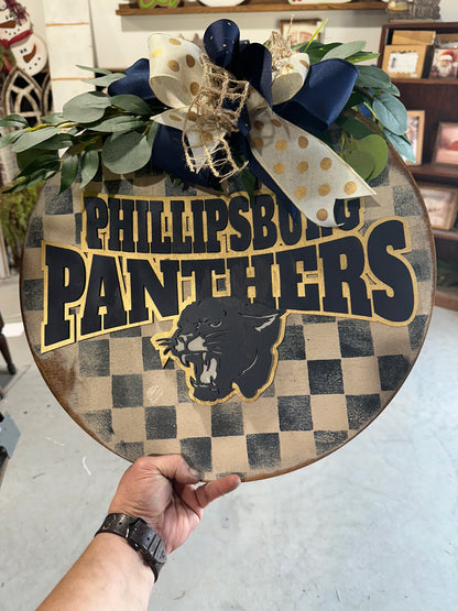 Custom school spirit door hanger, personalized 3D wood team sign,  team mascot, school decor, wooden wreath