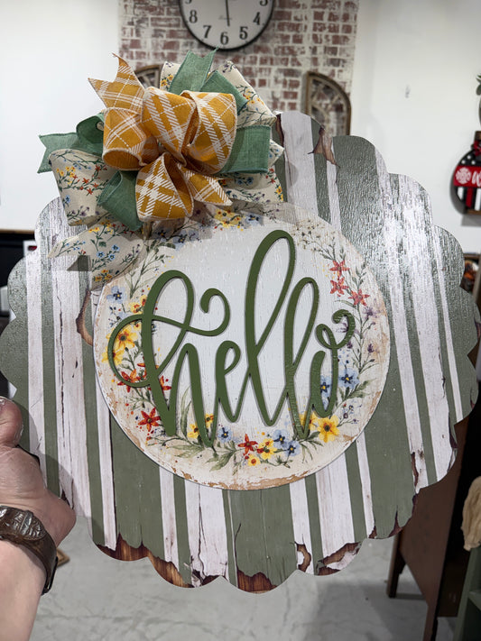 Spring Wildflower “Hello” Door Hanger | Rustic Green Farmhouse Door Decor