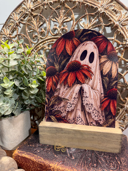 Vintage Ghost and Coneflowers Halloween Arch Sign - 5 x 7 Wood Decor