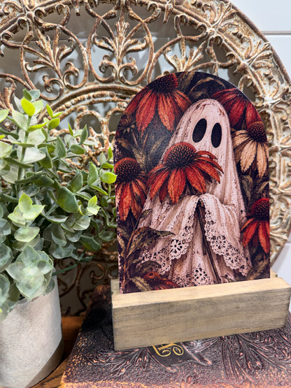 Vintage Ghost and Coneflowers Halloween Arch Sign - 5 x 7 Wood Decor