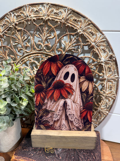 Vintage Ghost and Coneflowers Halloween Arch Sign - 5 x 7 Wood Decor