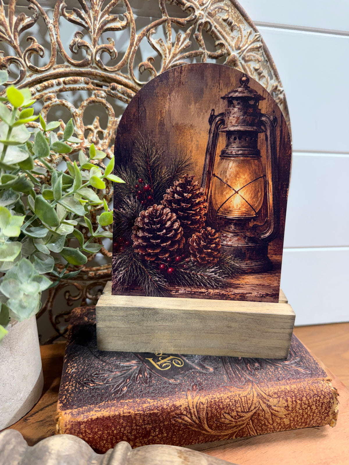 Rustic Lantern Christmas Arch Sign - 5 x 7 UV-Printed Wood Decor