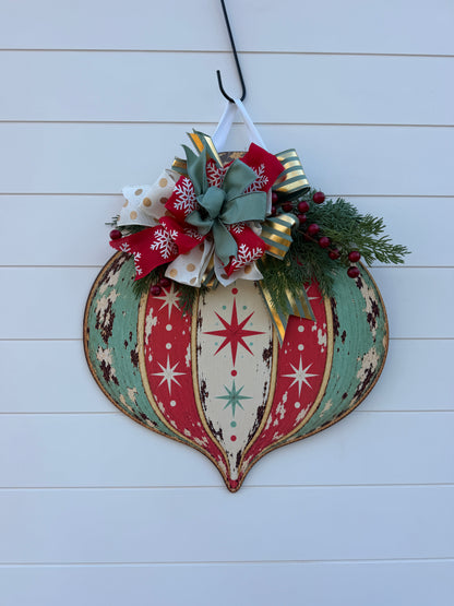 Vintage Ornament Christmas Door Hanger With Handmade Bow