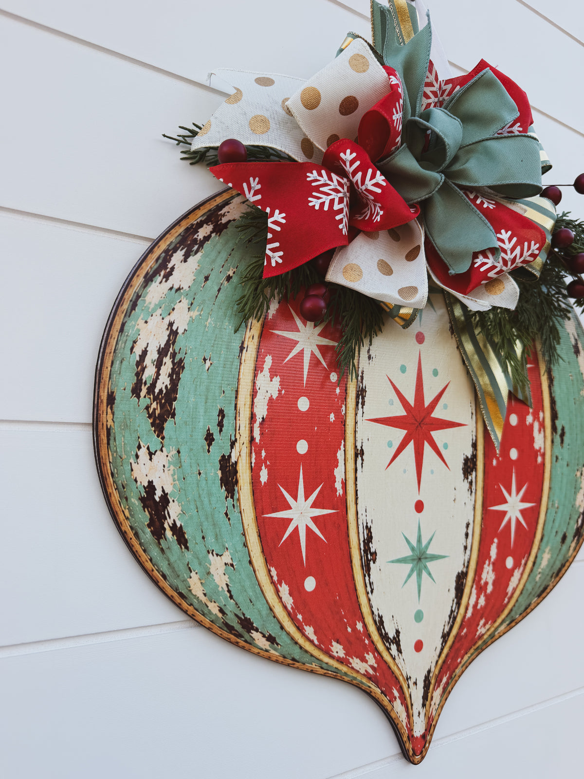 Vintage Ornament Christmas Door Hanger With Handmade Bow