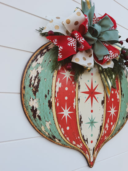 Vintage Ornament Christmas Door Hanger With Handmade Bow