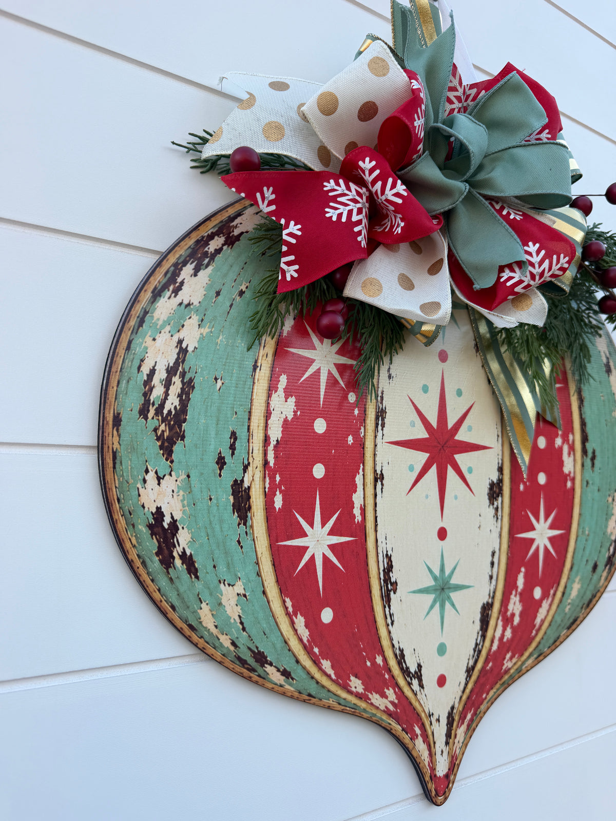 Vintage Ornament Christmas Door Hanger With Handmade Bow