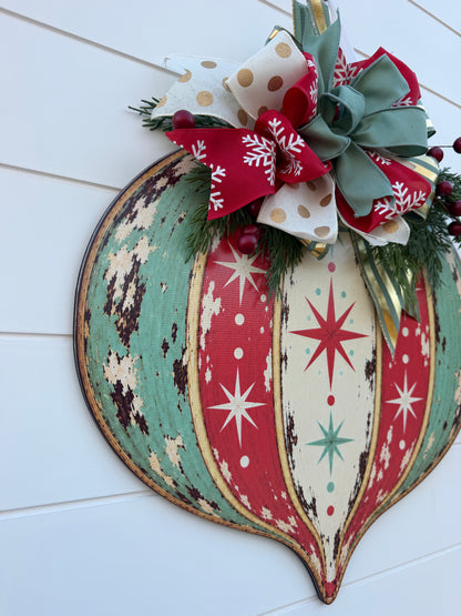 Vintage Ornament Christmas Door Hanger With Handmade Bow
