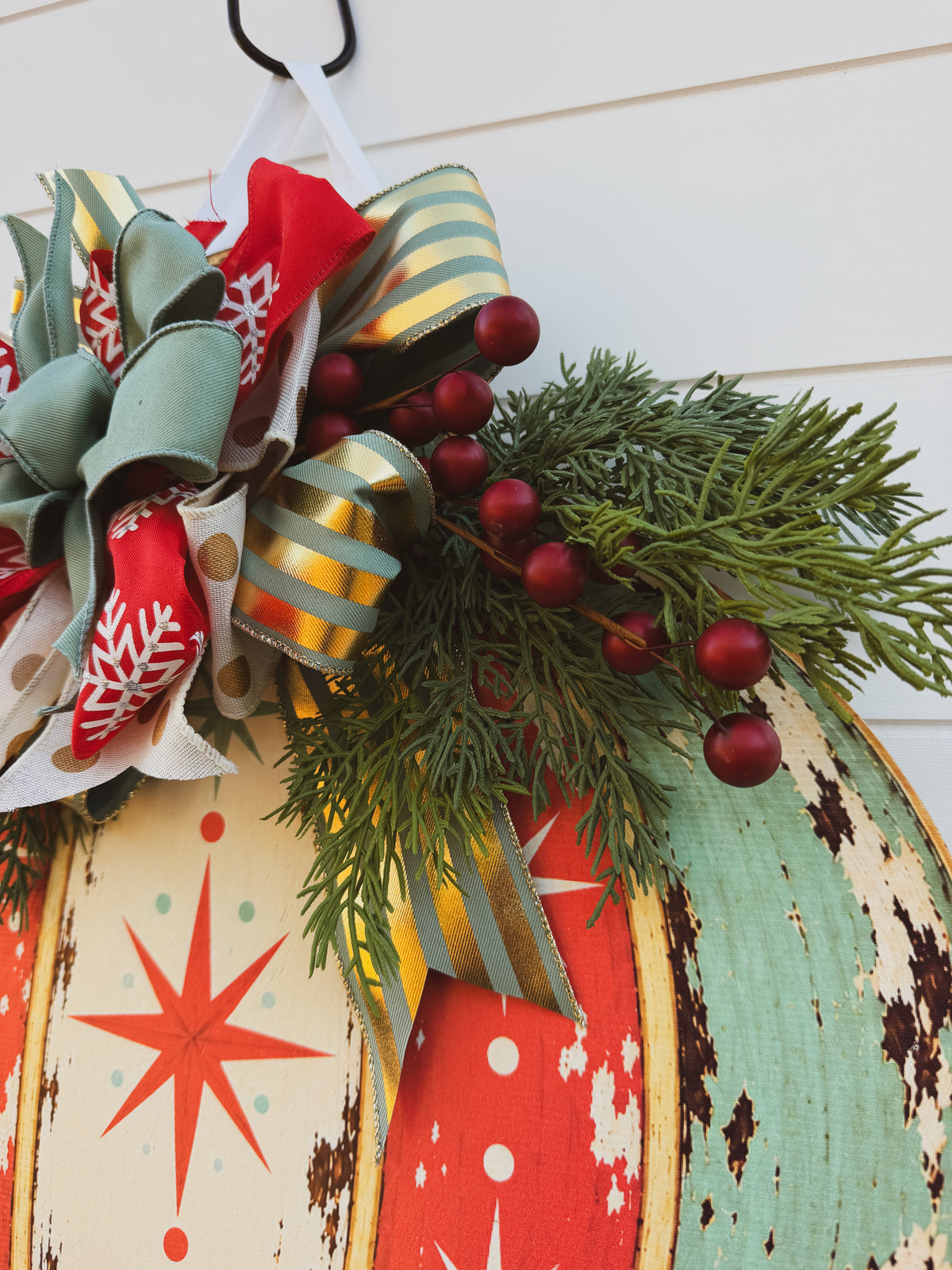 Vintage Ornament Christmas Door Hanger With Handmade Bow