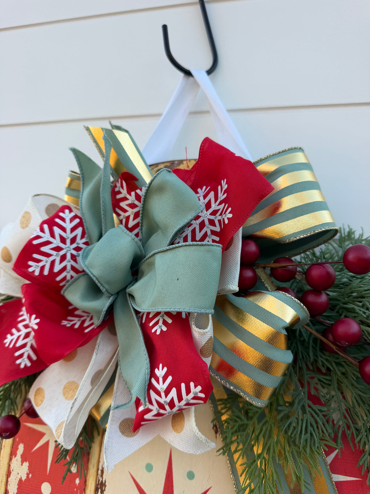 Vintage Ornament Christmas Door Hanger With Handmade Bow