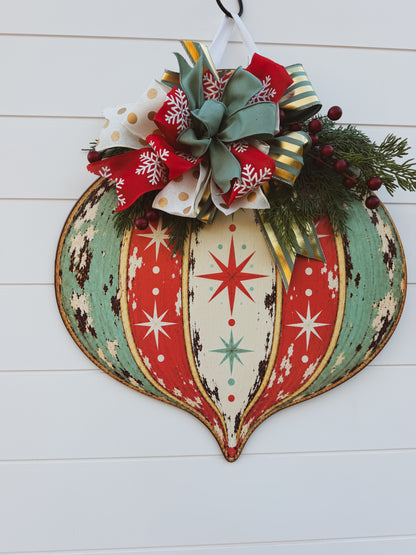 Vintage Ornament Christmas Door Hanger With Handmade Bow