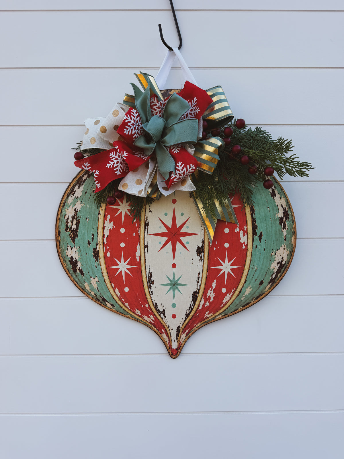 Vintage Ornament Christmas Door Hanger With Handmade Bow