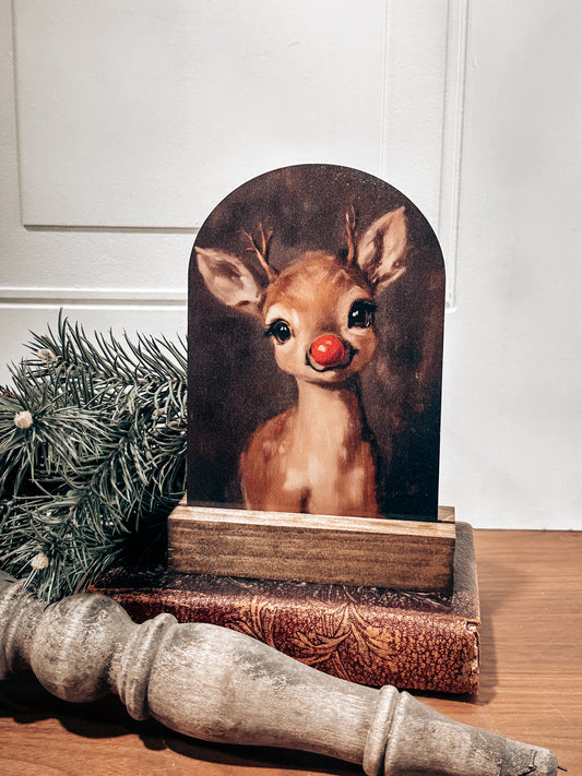 Christmas décor, farmhouse Christmas, reindeer print, Rudolph, vintage holiday art, rustic holiday décor, handmade Christmas sign, Christmas gift idea, winter shelf décor,