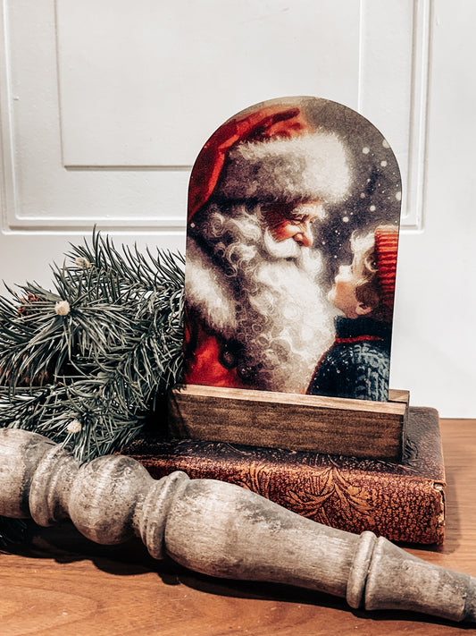 Vintage Santa & Child Wood Block — Classic Christmas Table Décor