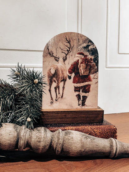 Rustic Santa &amp; Reindeer Wood Block — Vintage Christmas Déc
