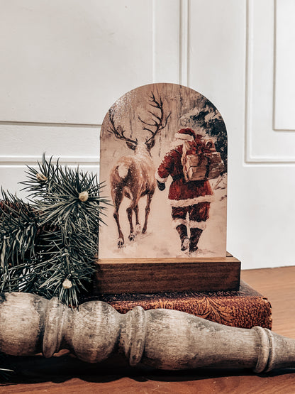 Rustic Santa &amp; Reindeer Wood Block — Vintage Christmas Déc