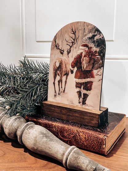 Rustic Santa &amp; Reindeer Wood Block — Vintage Christmas Déc