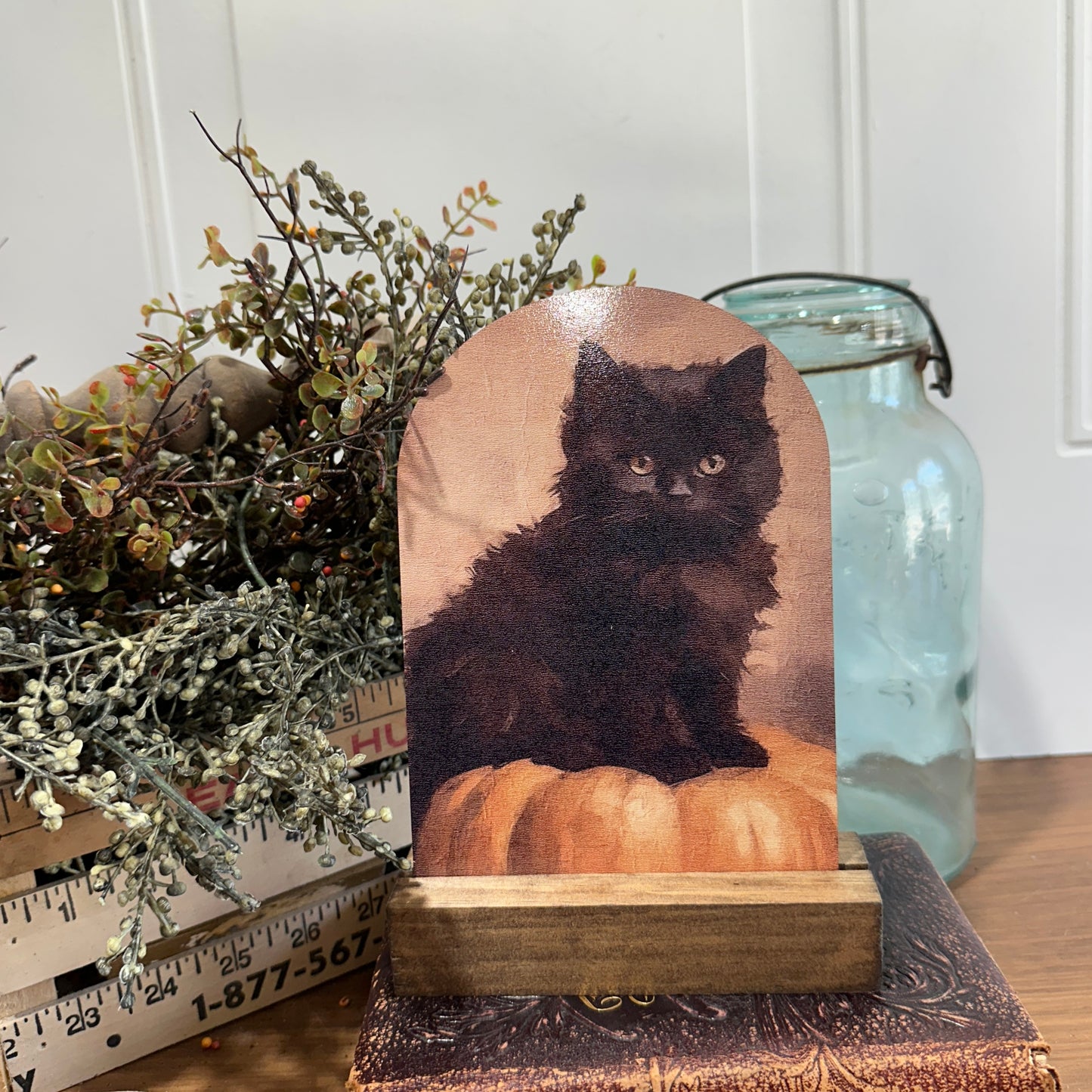 Black Kitten on Pumpkin | Fall Farmhouse Tabletop Decor (Base Sold Separately)