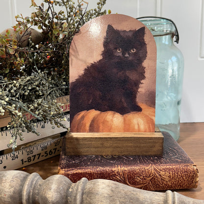 Black Kitten on Pumpkin | Fall Farmhouse Tabletop Decor (Base Sold Separately)
