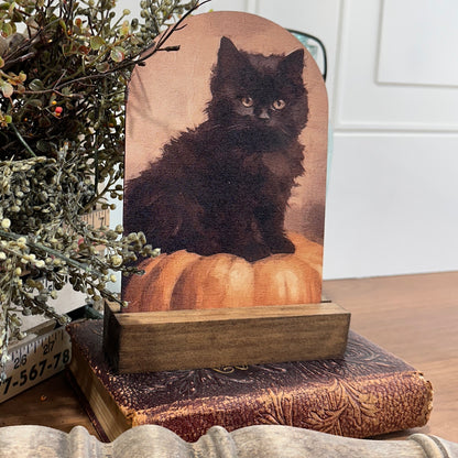Black Kitten on Pumpkin | Fall Farmhouse Tabletop Decor (Base Sold Separately)