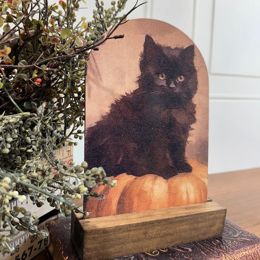 Black Kitten on Pumpkin | Fall Farmhouse Tabletop Decor (Base Sold Separately)