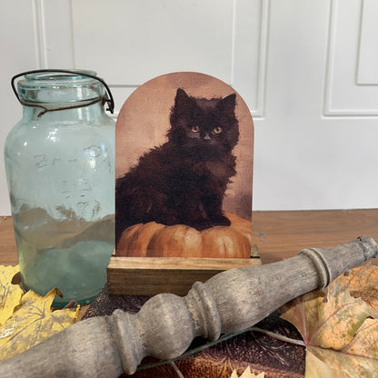 Black Kitten on Pumpkin | Fall Farmhouse Tabletop Decor (Base Sold Separately)