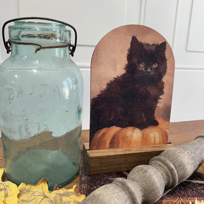Black Kitten on Pumpkin | Fall Farmhouse Tabletop Decor (Base Sold Separately)