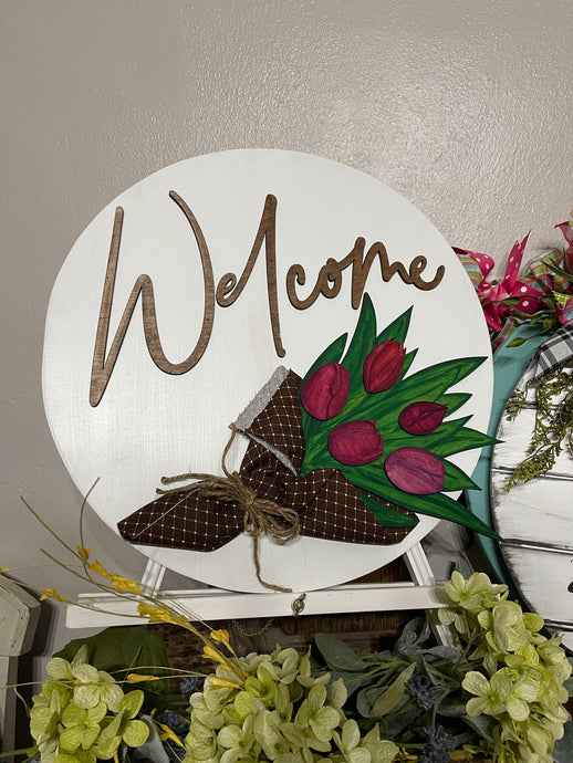 Welcome tulip bouquet door hanger